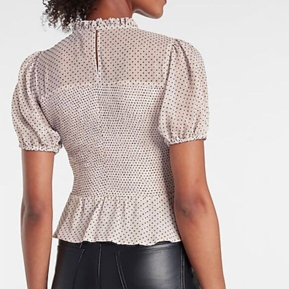 Express Light Blush Pink Dot Peplum Cropped Puff Sleeve Top - Picture 4 of 8